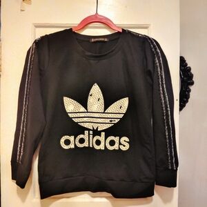 Zara adidas Graphic Logo Long Sleeve Black Sweater Women Small S Silver Glitter